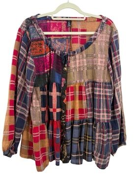 Patchwork Plaid Boho Oversized Cottagecore Indie Artsy Sundance Style Button Top